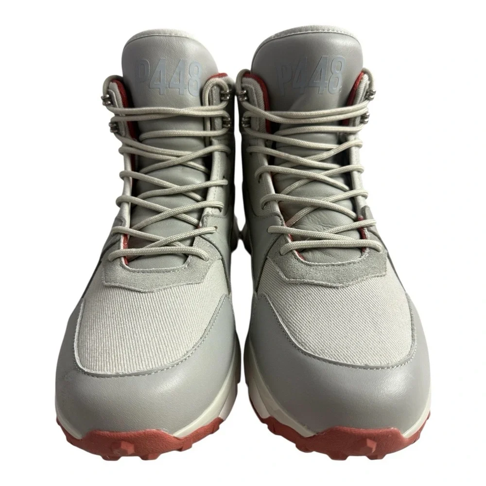 P448 Men's Ankle Boots Grey White Red Lace Up Logo Metal Eyelets EU 44 US‎ 11